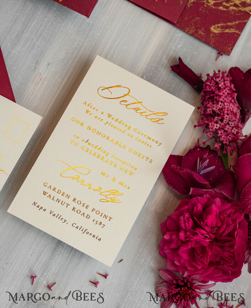 Burgundy Mirror gold Wedding Invitations, Elegant Marble Wedding Cards-8