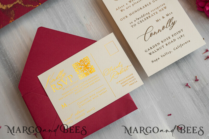 Burgundy Mirror gold Wedding Invitations, Elegant Marble Wedding Cards-9