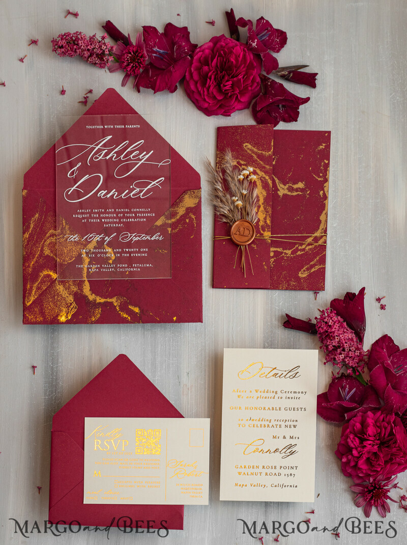 Burgundy Mirror gold Wedding Invitations, Elegant Marble Wedding Cards-1