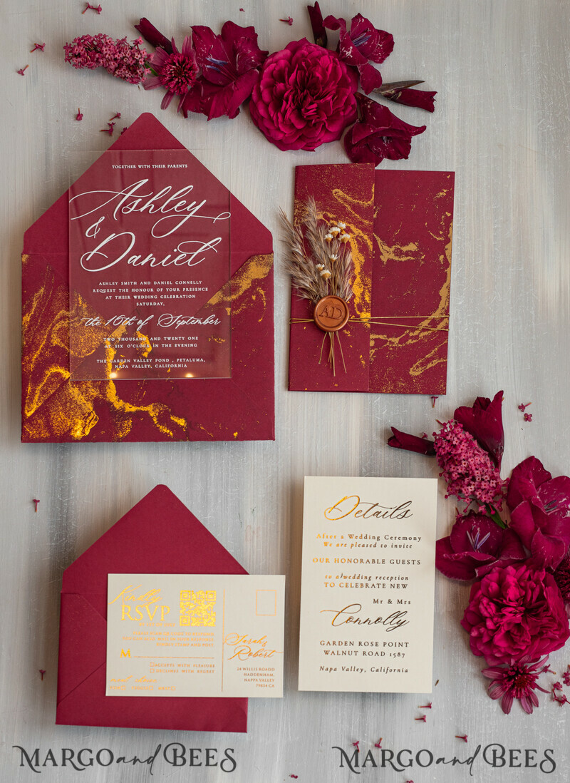 Burgundy Mirror gold Wedding Invitations, Elegant Marble Wedding Cards-10