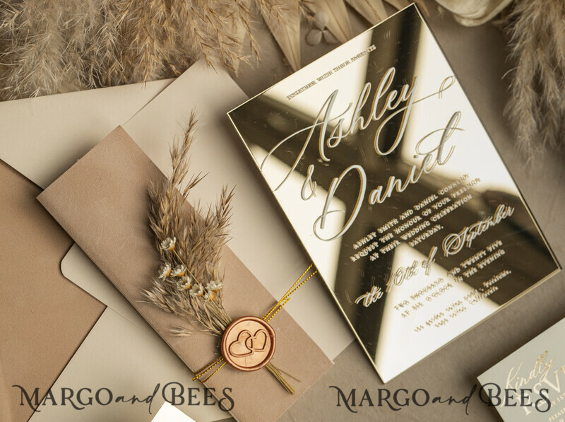 Beige Mirror gold Wedding Invitations, Elegant Garden Wedding Cards, Nude Acrylic Wedding Invites, Pampass Grass Gold Plexi Wedding Invitation Suite-1