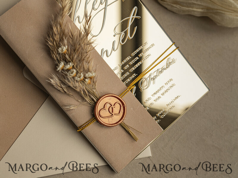 Beige Mirror gold Wedding Invitations, Elegant Garden Wedding Cards, Nude Acrylic Wedding Invites, Pampass Grass Gold Plexi Wedding Invitation Suite-19