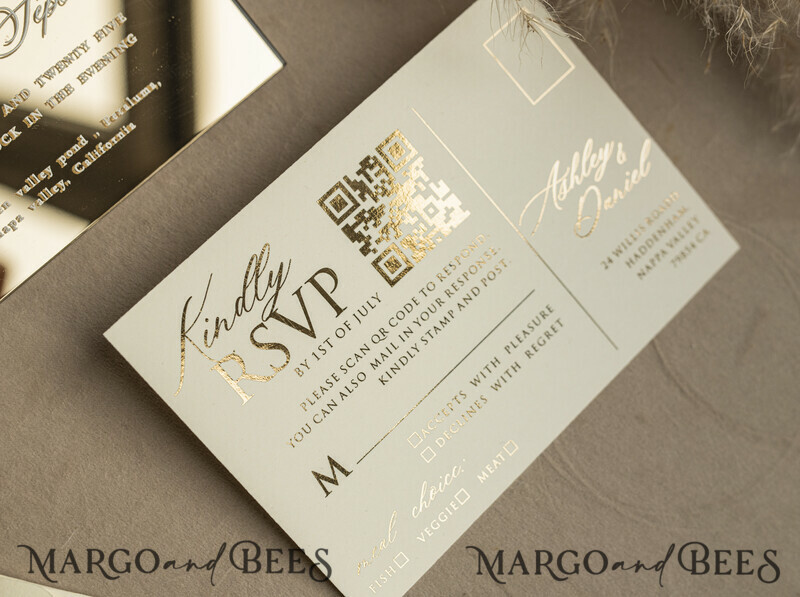 Beige Mirror gold Wedding Invitations, Elegant Garden Wedding Cards, Nude Acrylic Wedding Invites, Pampass Grass Gold Plexi Wedding Invitation Suite-4