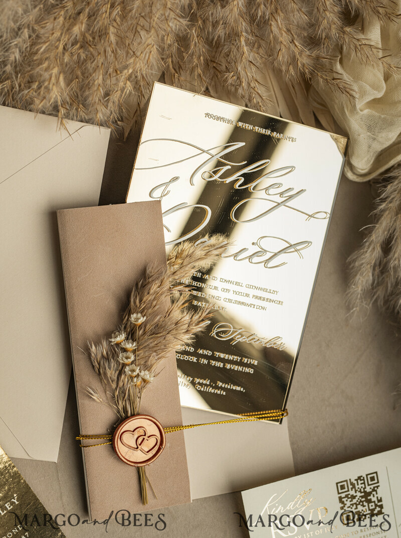 Beige Mirror gold Wedding Invitations, Elegant Garden Wedding Cards, Nude Acrylic Wedding Invites, Pampass Grass Gold Plexi Wedding Invitation Suite-6