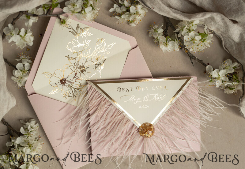3 fold Luxury blush Mirror gold Wedding InvitationsGlamour Acrylic Wedding Invites-1