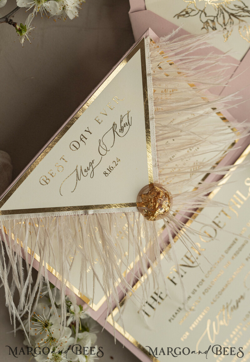 3 fold Luxury blush Mirror gold Wedding InvitationsGlamour Acrylic Wedding Invites-10