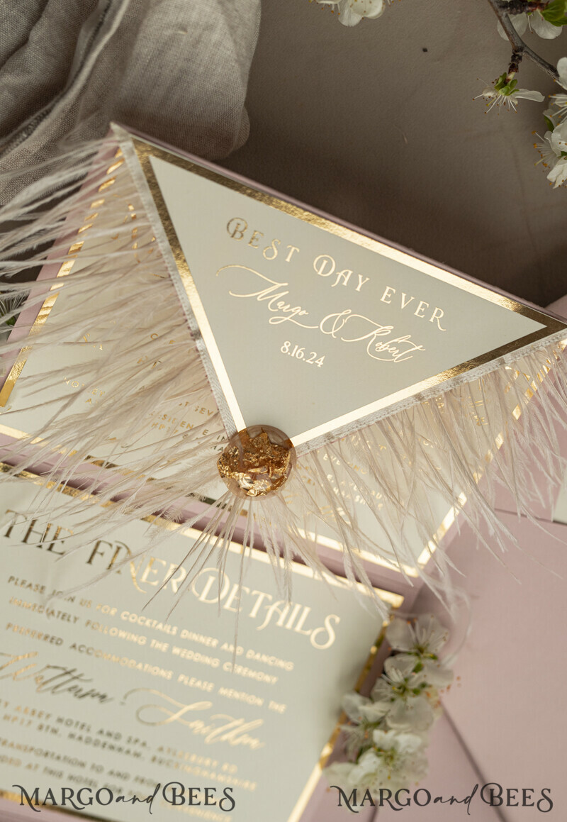 3 fold Luxury blush Mirror gold Wedding InvitationsGlamour Acrylic Wedding Invites-12