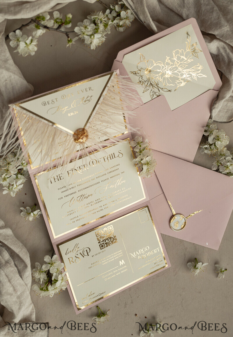 3 fold Luxury blush Mirror gold Wedding InvitationsGlamour Acrylic Wedding Invites-13