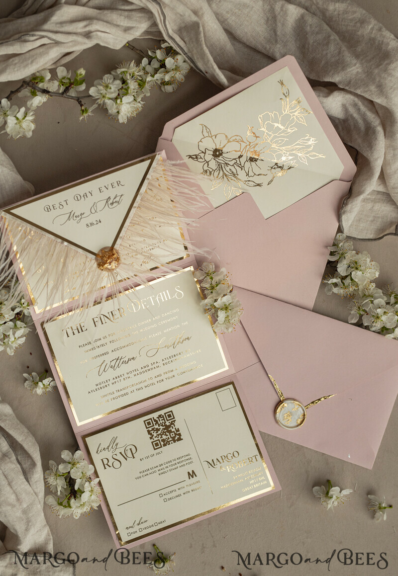 3 fold Luxury blush Mirror gold Wedding InvitationsGlamour Acrylic Wedding Invites-14