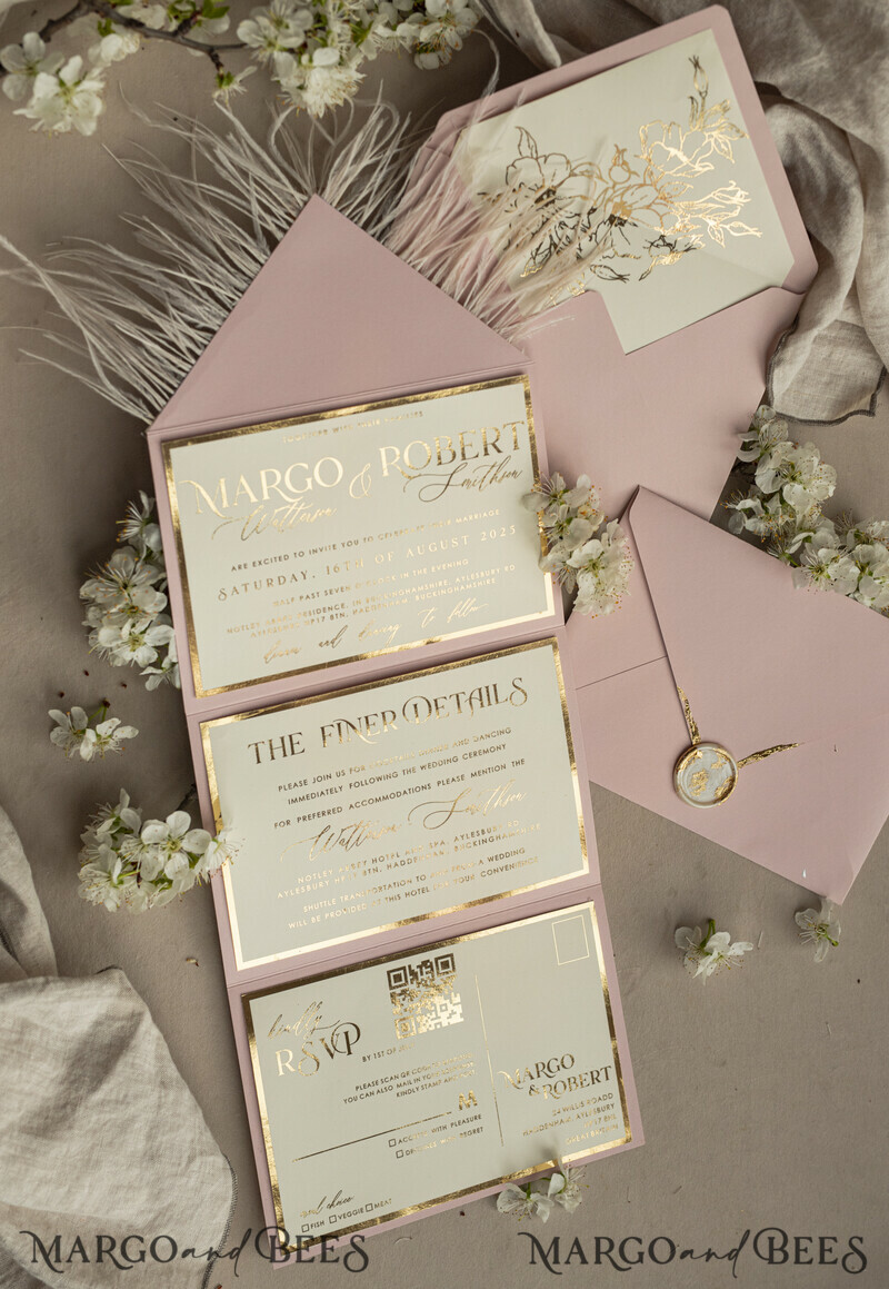 3 fold Luxury blush Mirror gold Wedding InvitationsGlamour Acrylic Wedding Invites-16