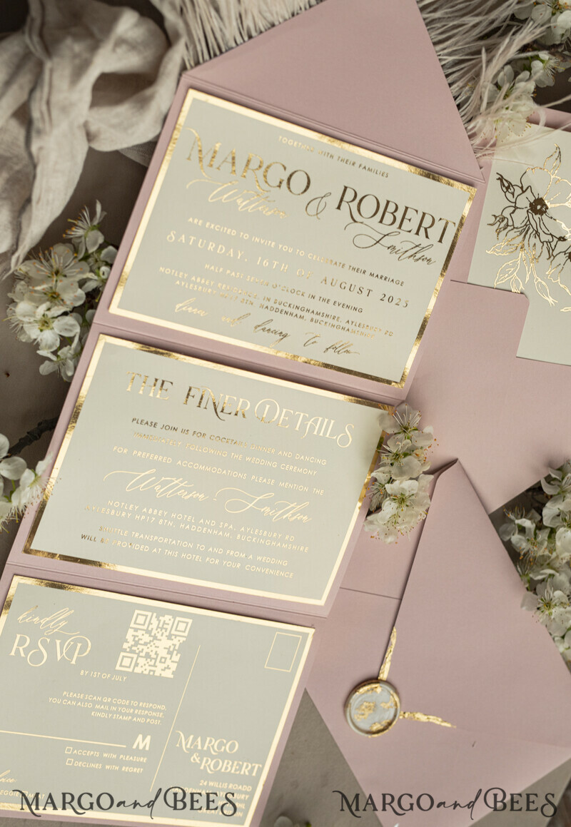 3 fold Luxury blush Mirror gold Wedding InvitationsGlamour Acrylic Wedding Invites-17