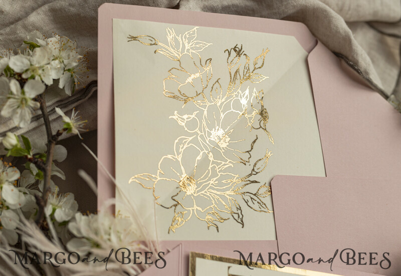 3 fold Luxury blush Mirror gold Wedding InvitationsGlamour Acrylic Wedding Invites-18