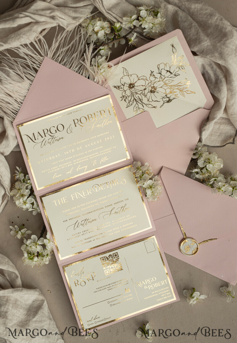 3 fold Luxury blush Mirror gold Wedding InvitationsGlamour Acrylic Wedding Invites-19