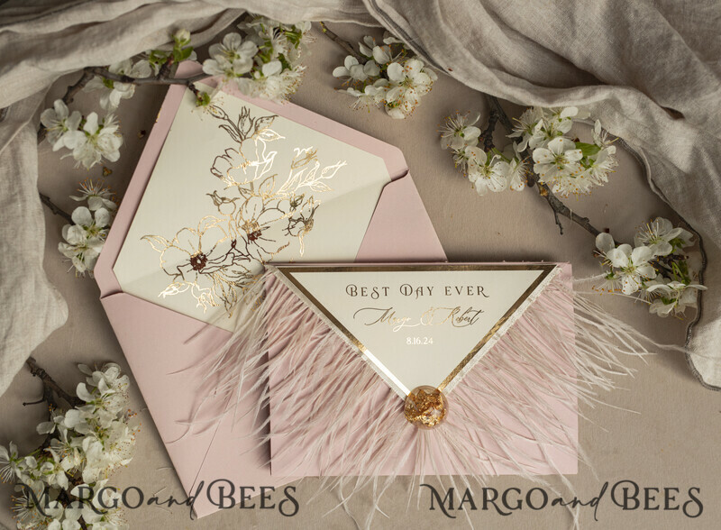 3 fold Luxury blush Mirror gold Wedding InvitationsGlamour Acrylic Wedding Invites-2