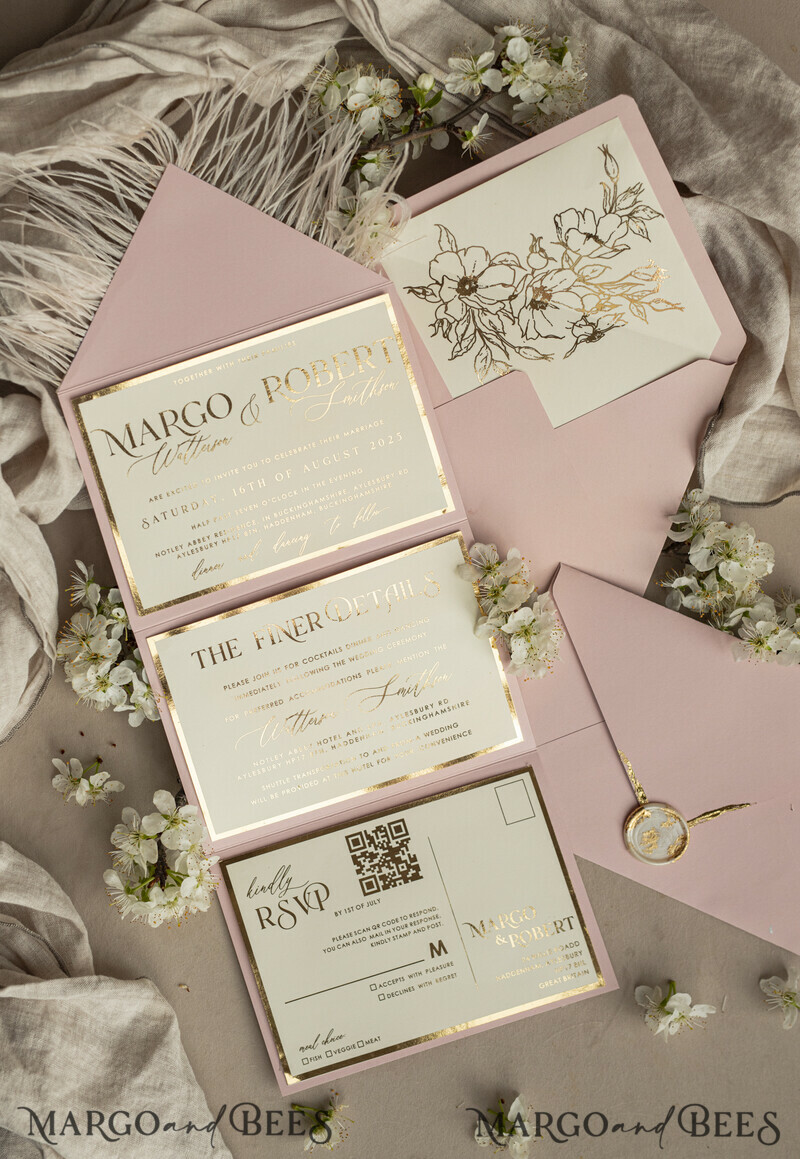 3 fold Luxury blush Mirror gold Wedding InvitationsGlamour Acrylic Wedding Invites-20