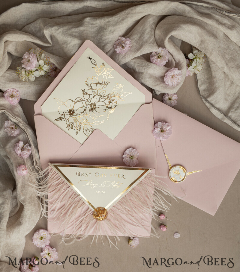 3 fold Luxury blush Mirror gold Wedding InvitationsGlamour Acrylic Wedding Invites-26