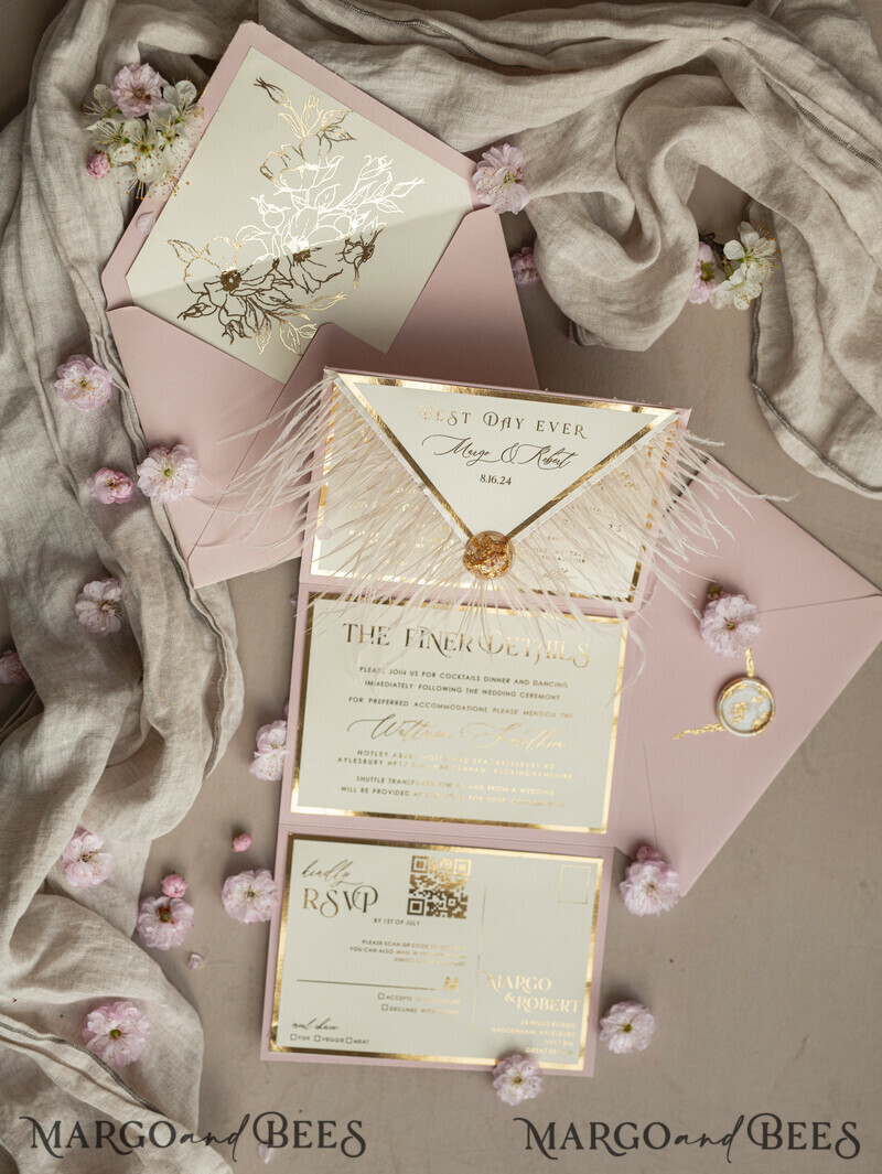 3 fold Luxury blush Mirror gold Wedding InvitationsGlamour Acrylic Wedding Invites-27