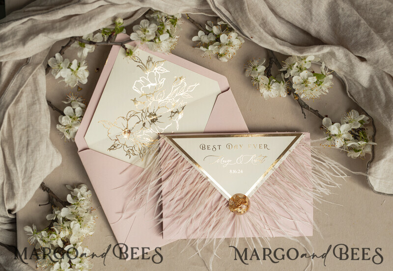 3 fold Luxury blush Mirror gold Wedding InvitationsGlamour Acrylic Wedding Invites-3