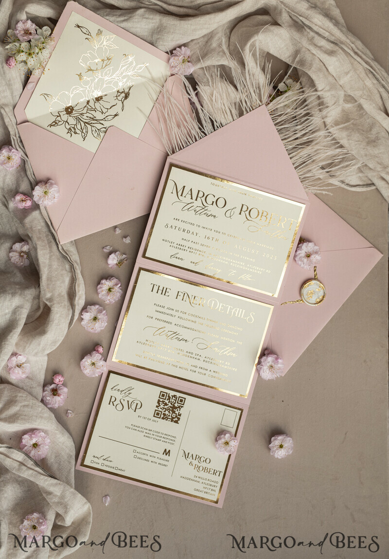 3 fold Luxury blush Mirror gold Wedding InvitationsGlamour Acrylic Wedding Invites-28