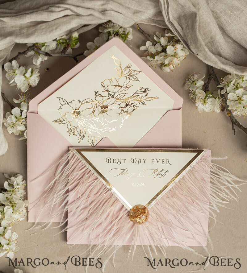 3 fold Luxury blush Mirror gold Wedding InvitationsGlamour Acrylic Wedding Invites-4