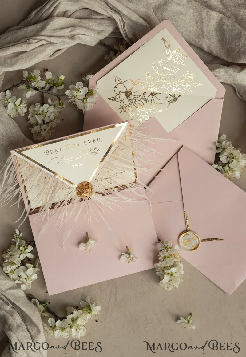 3 fold Luxury blush Mirror gold Wedding InvitationsGlamour Acrylic Wedding Invites-6