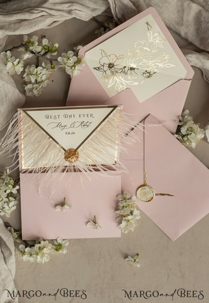 3 fold Luxury blush Mirror gold Wedding InvitationsGlamour Acrylic Wedding Invites-7
