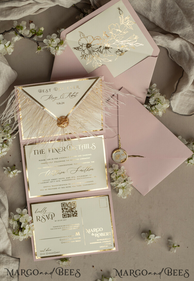 3 fold Luxury blush Mirror gold Wedding InvitationsGlamour Acrylic Wedding Invites-8