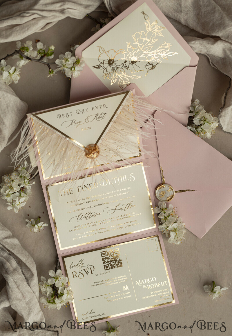 3 fold Luxury blush Mirror gold Wedding InvitationsGlamour Acrylic Wedding Invites-9
