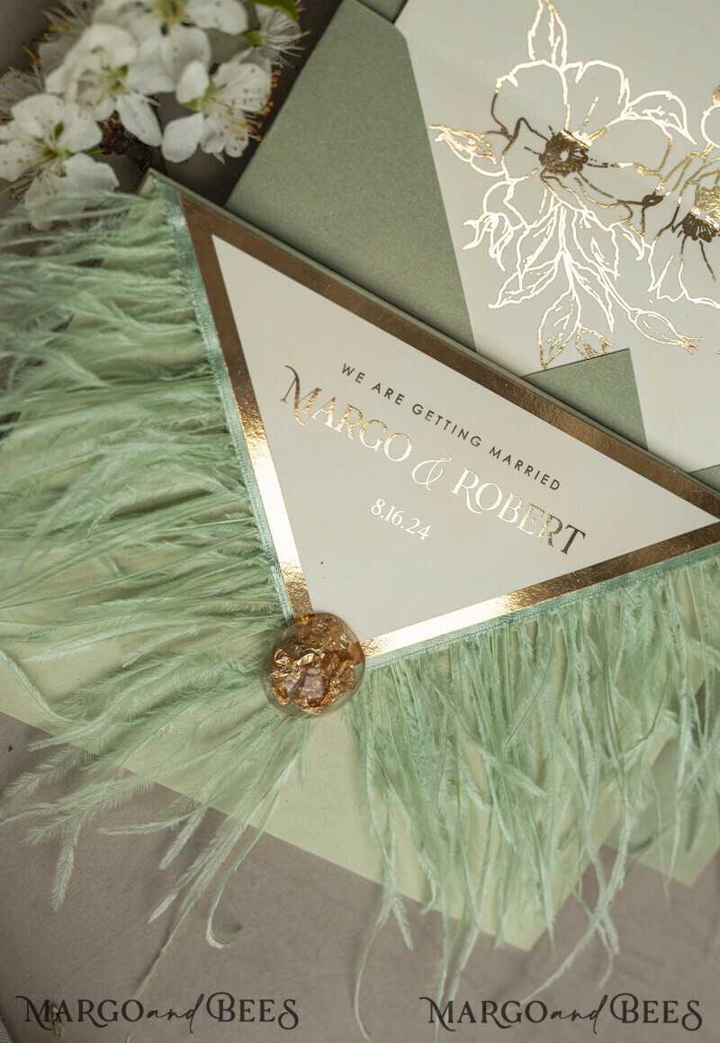 3 fold Luxury sage green Mirror gold Wedding Invitations.
Wedding invitations with feathers and gold.-2