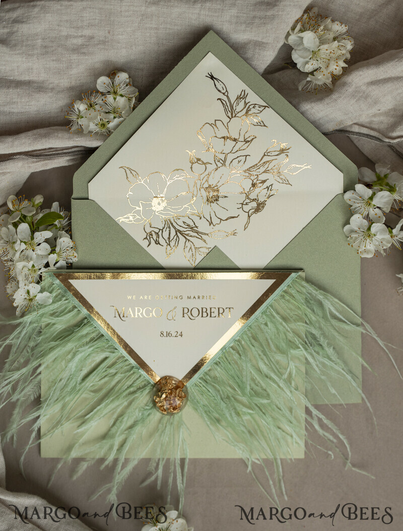 3 fold Luxury sage green Mirror gold Wedding Invitations.
Wedding invitations with feathers and gold.-11