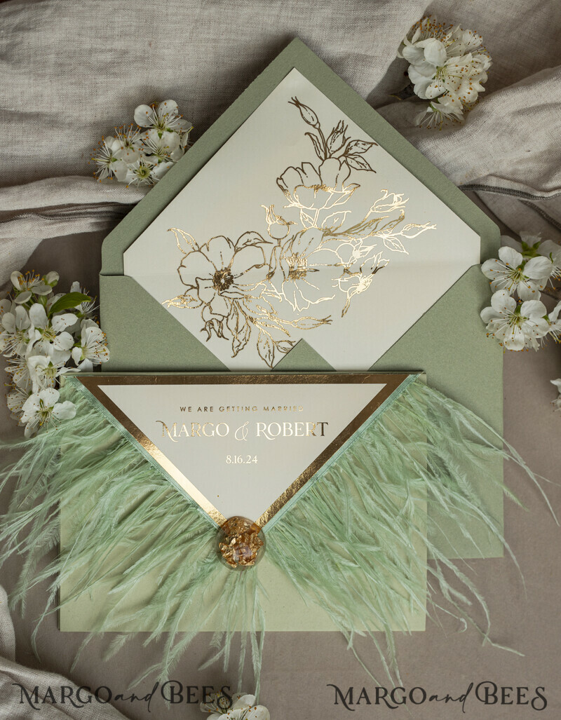 3 fold Luxury sage green Mirror gold Wedding Invitations.
Wedding invitations with feathers and gold.-12