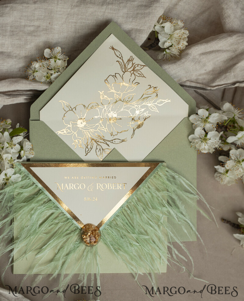 3 fold Luxury sage green Mirror gold Wedding Invitations.
Wedding invitations with feathers and gold.-13