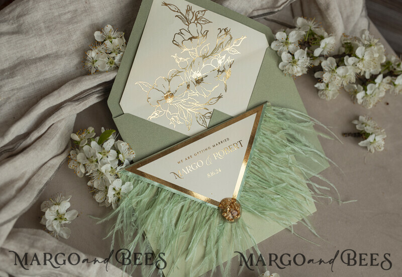 3 fold Luxury sage green Mirror gold Wedding Invitations.
Wedding invitations with feathers and gold.-14