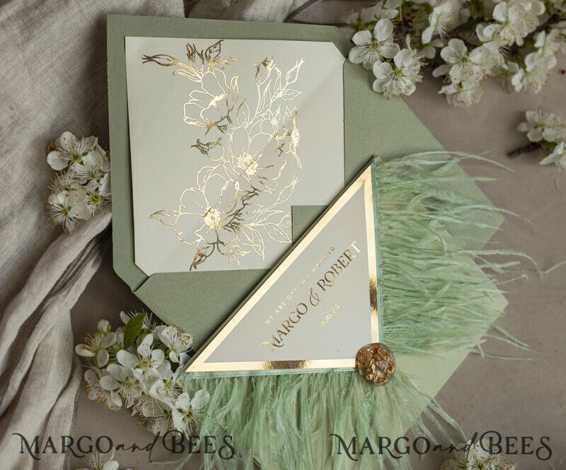 3 fold Luxury sage green Mirror gold Wedding Invitations.
Wedding invitations with feathers and gold.-15