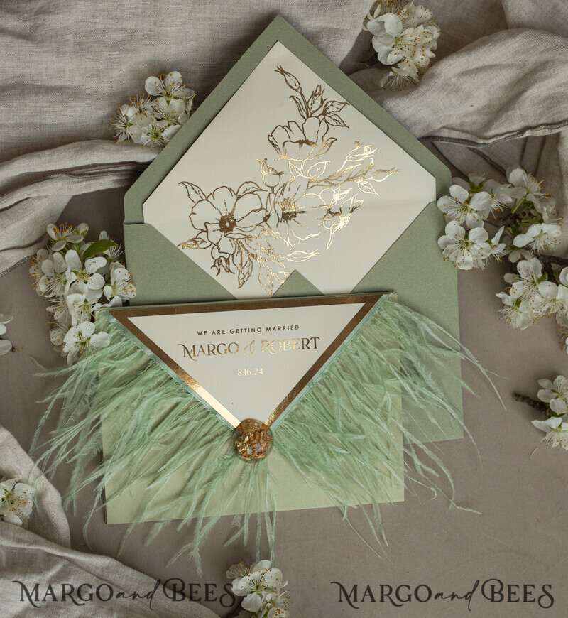 3 fold Luxury sage green Mirror gold Wedding Invitations.
Wedding invitations with feathers and gold.-16