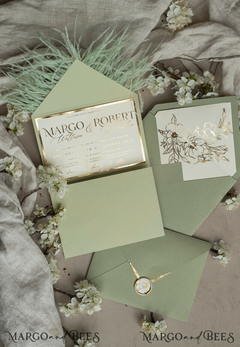 3 fold Luxury sage green Mirror gold Wedding Invitations.
Wedding invitations with feathers and gold.-17