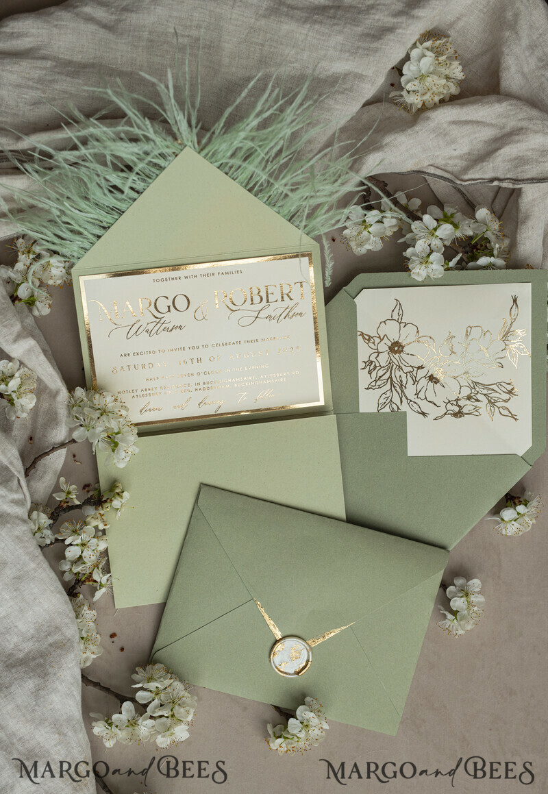 3 fold Luxury sage green Mirror gold Wedding Invitations.
Wedding invitations with feathers and gold.-18