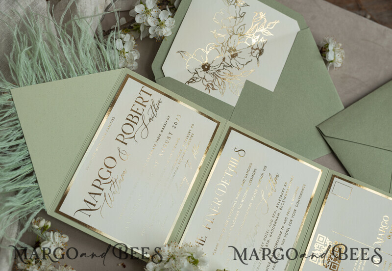 3 fold Luxury sage green Mirror gold Wedding Invitations.
Wedding invitations with feathers and gold.-19