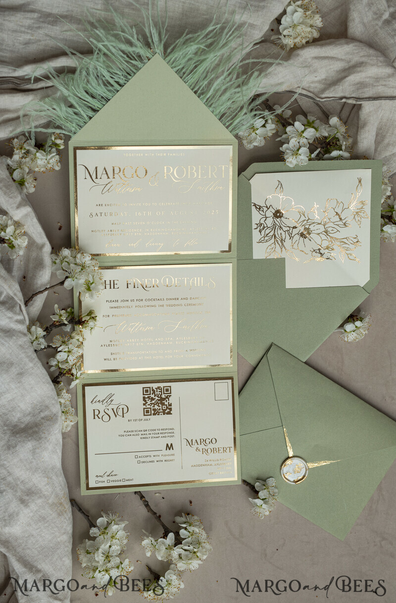 3 fold Luxury sage green Mirror gold Wedding Invitations.
Wedding invitations with feathers and gold.-20