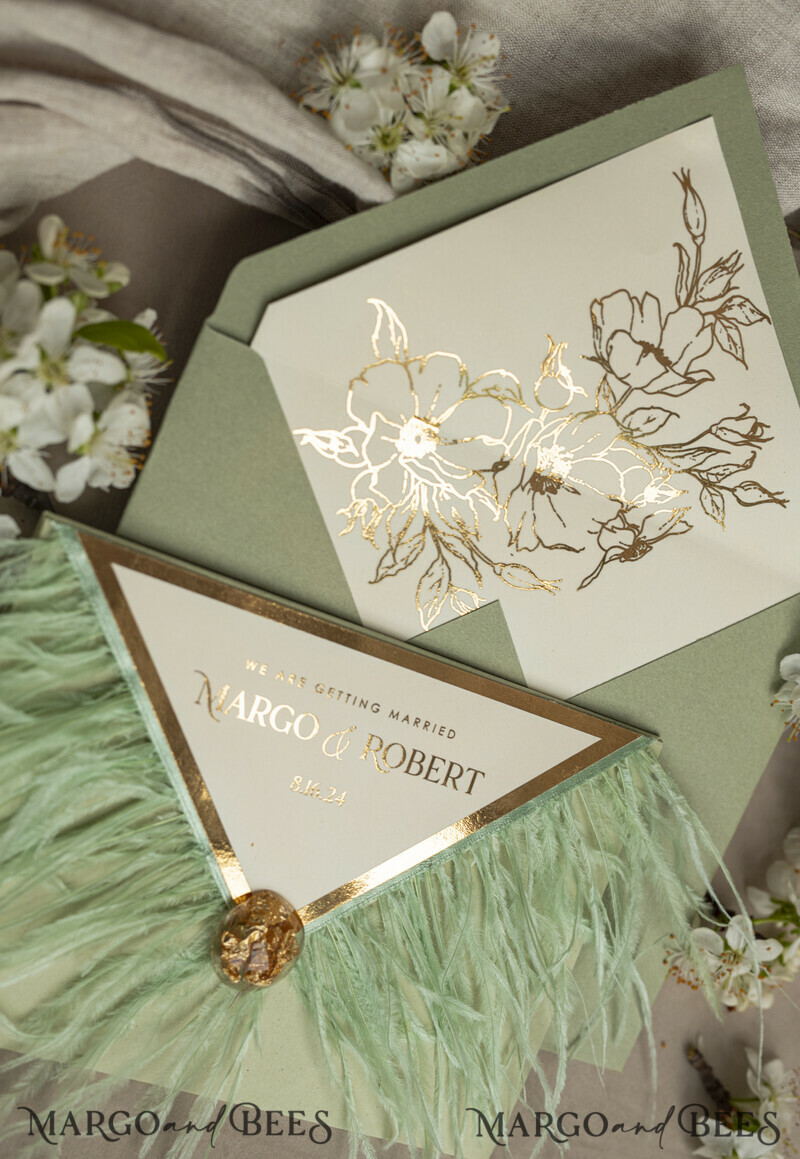 3 fold Luxury sage green Mirror gold Wedding Invitations.
Wedding invitations with feathers and gold.-3