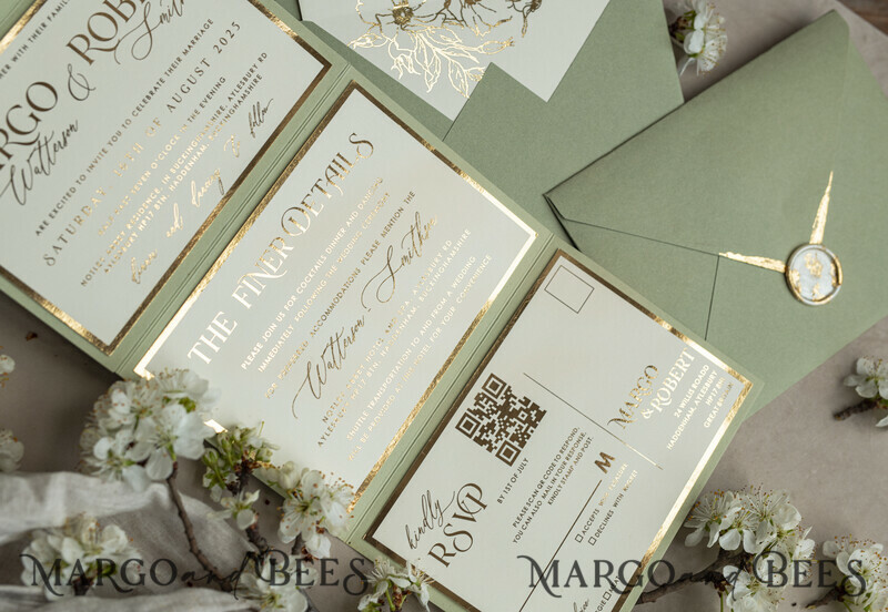 3 fold Luxury sage green Mirror gold Wedding Invitations.
Wedding invitations with feathers and gold.-21