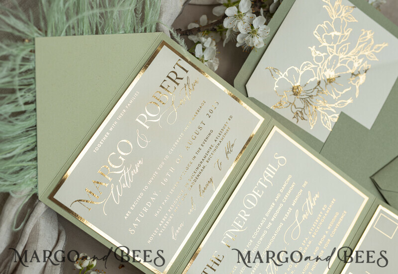 3 fold Luxury sage green Mirror gold Wedding Invitations.
Wedding invitations with feathers and gold.-22