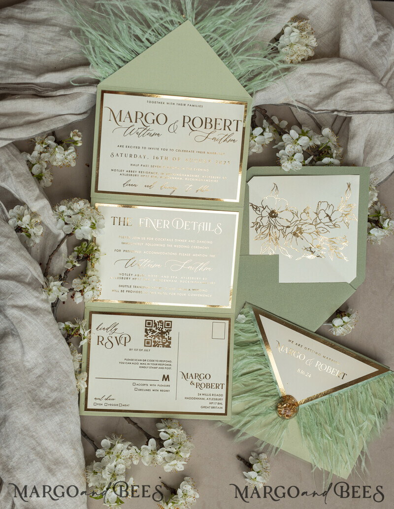 3 fold Luxury sage green Mirror gold Wedding Invitations.
Wedding invitations with feathers and gold.-1