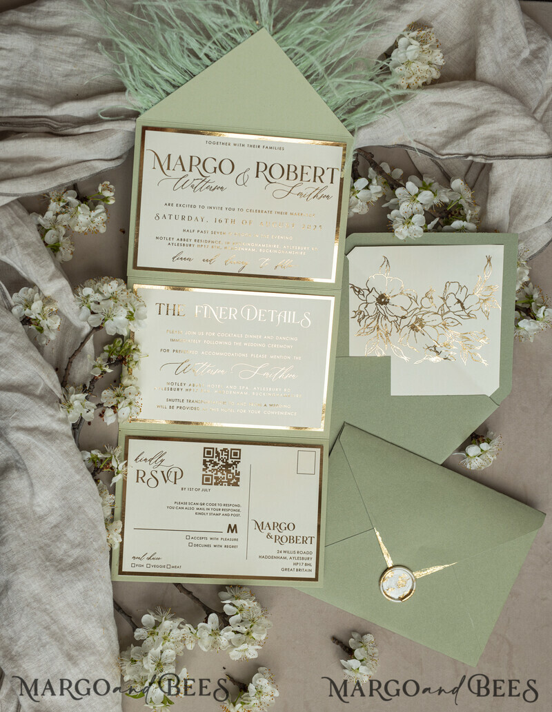 3 fold Luxury sage green Mirror gold Wedding Invitations.
Wedding invitations with feathers and gold.-23