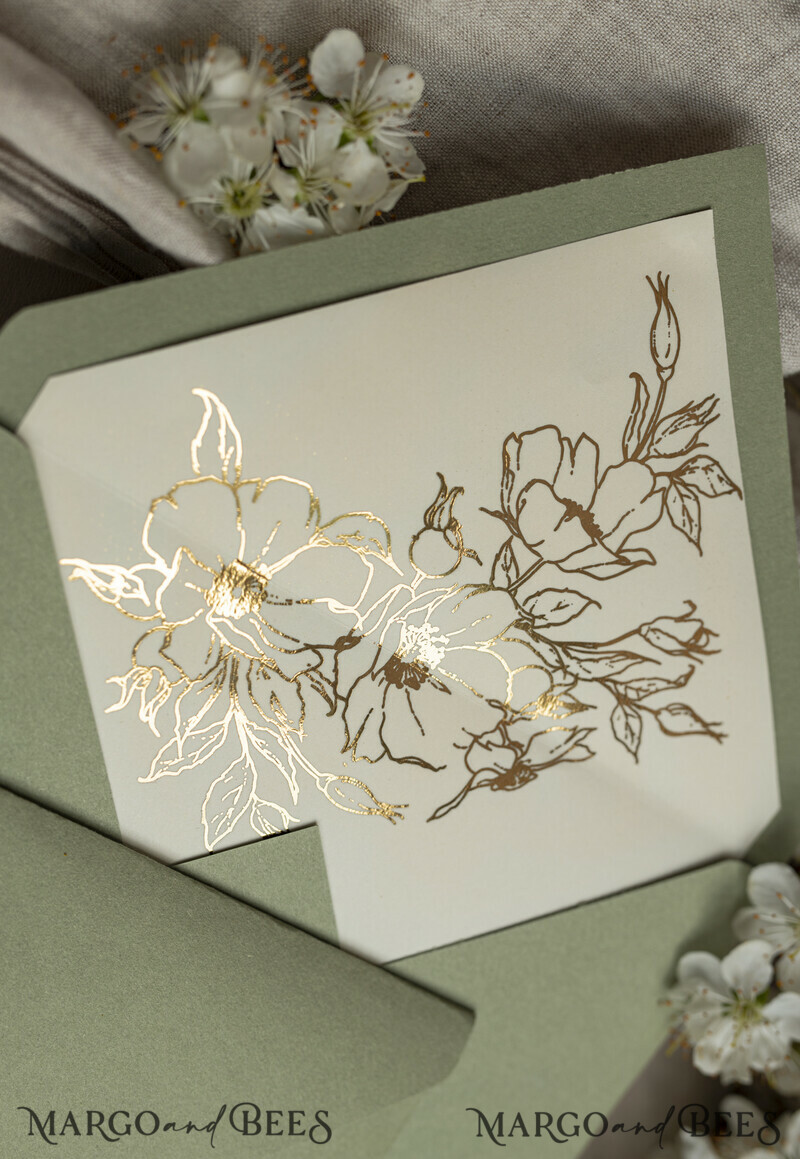 3 fold Luxury sage green Mirror gold Wedding Invitations.
Wedding invitations with feathers and gold.-4