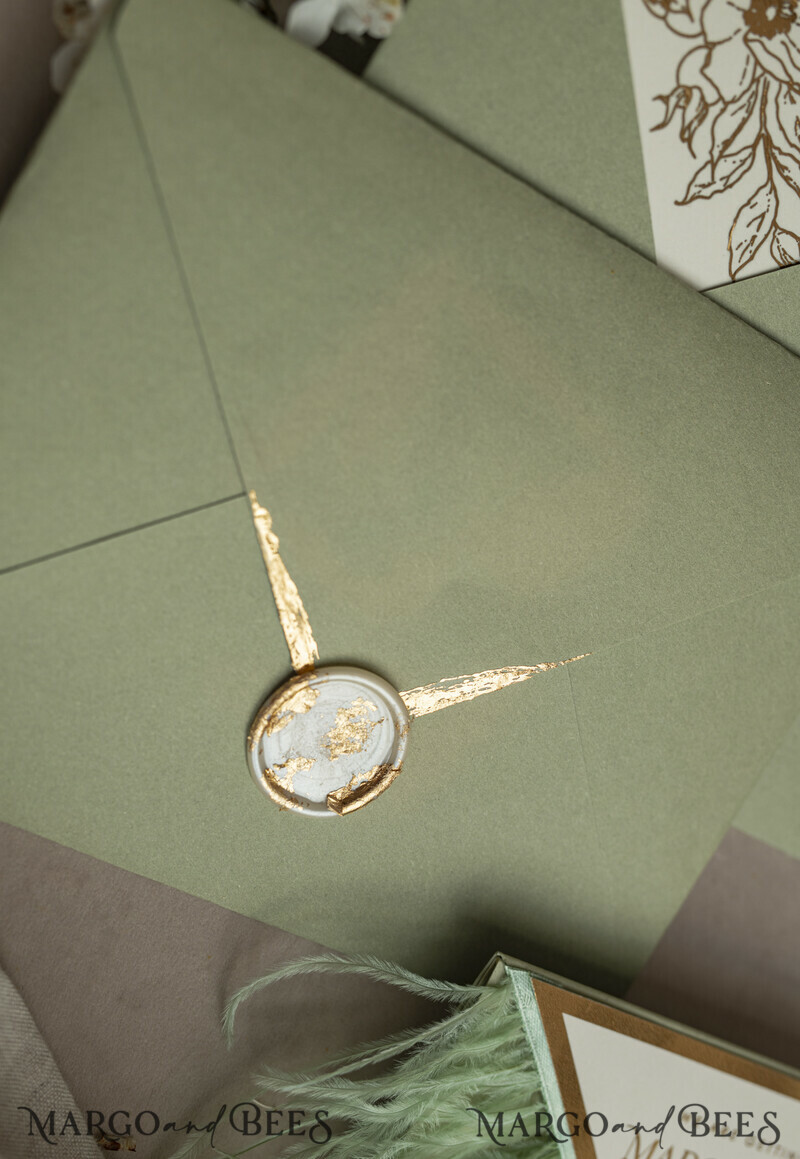 3 fold Luxury sage green Mirror gold Wedding Invitations.
Wedding invitations with feathers and gold.-5