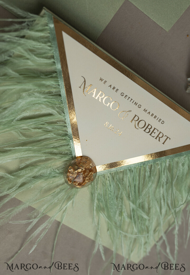3 fold Luxury sage green Mirror gold Wedding Invitations.
Wedding invitations with feathers and gold.-6