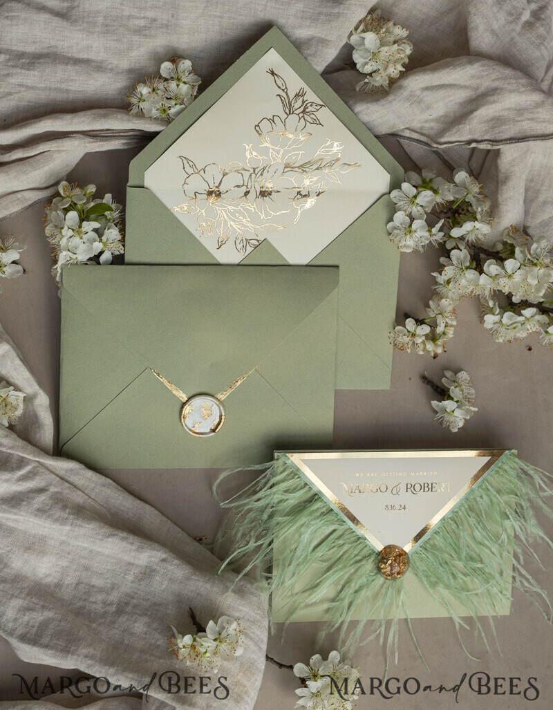 3 fold Luxury sage green Mirror gold Wedding Invitations.
Wedding invitations with feathers and gold.-7