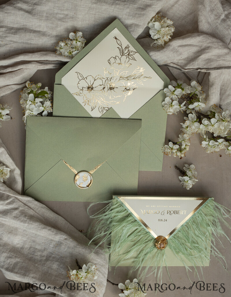 3 fold Luxury sage green Mirror gold Wedding Invitations.
Wedding invitations with feathers and gold.-8