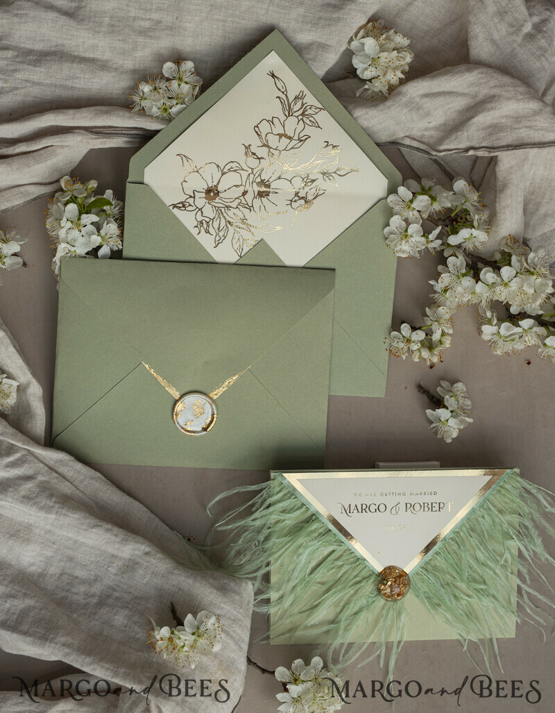 3 fold Luxury sage green Mirror gold Wedding Invitations.
Wedding invitations with feathers and gold.-9
